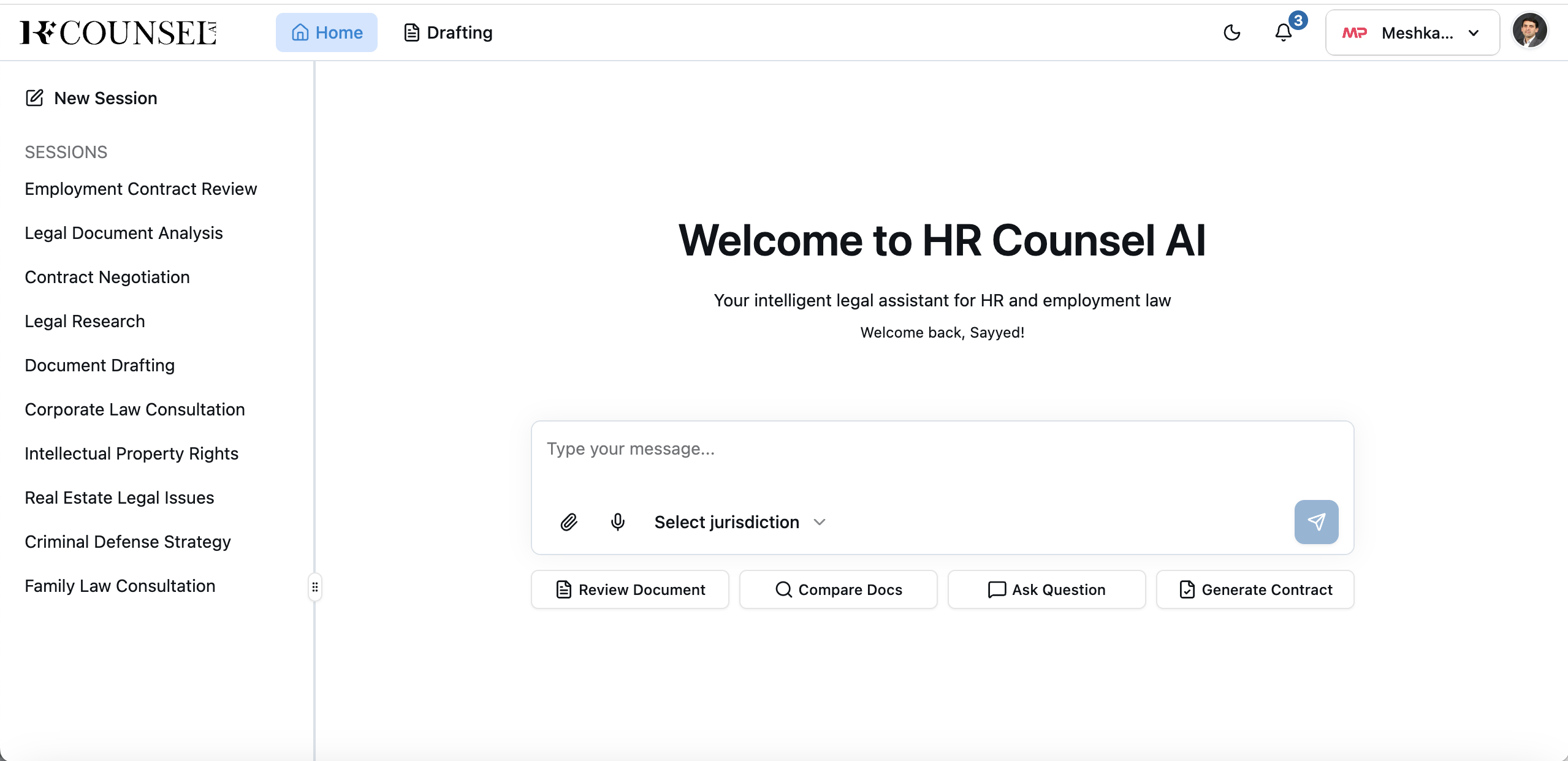 HRCounsel.AI Product Interface - AI Lawyer Dashboard